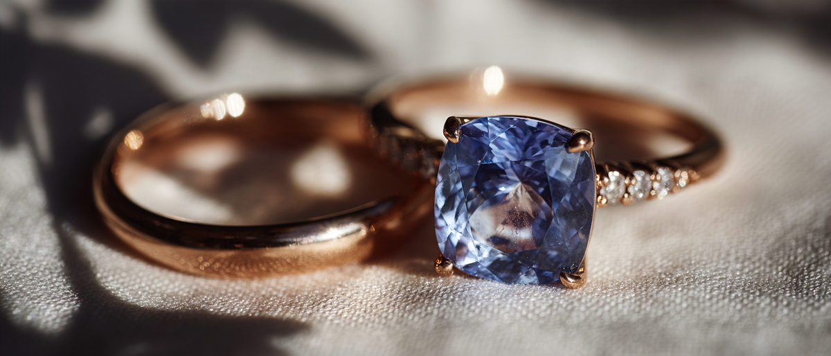 Unset cornflower blue sapphire beside a rose gold solitaire mount