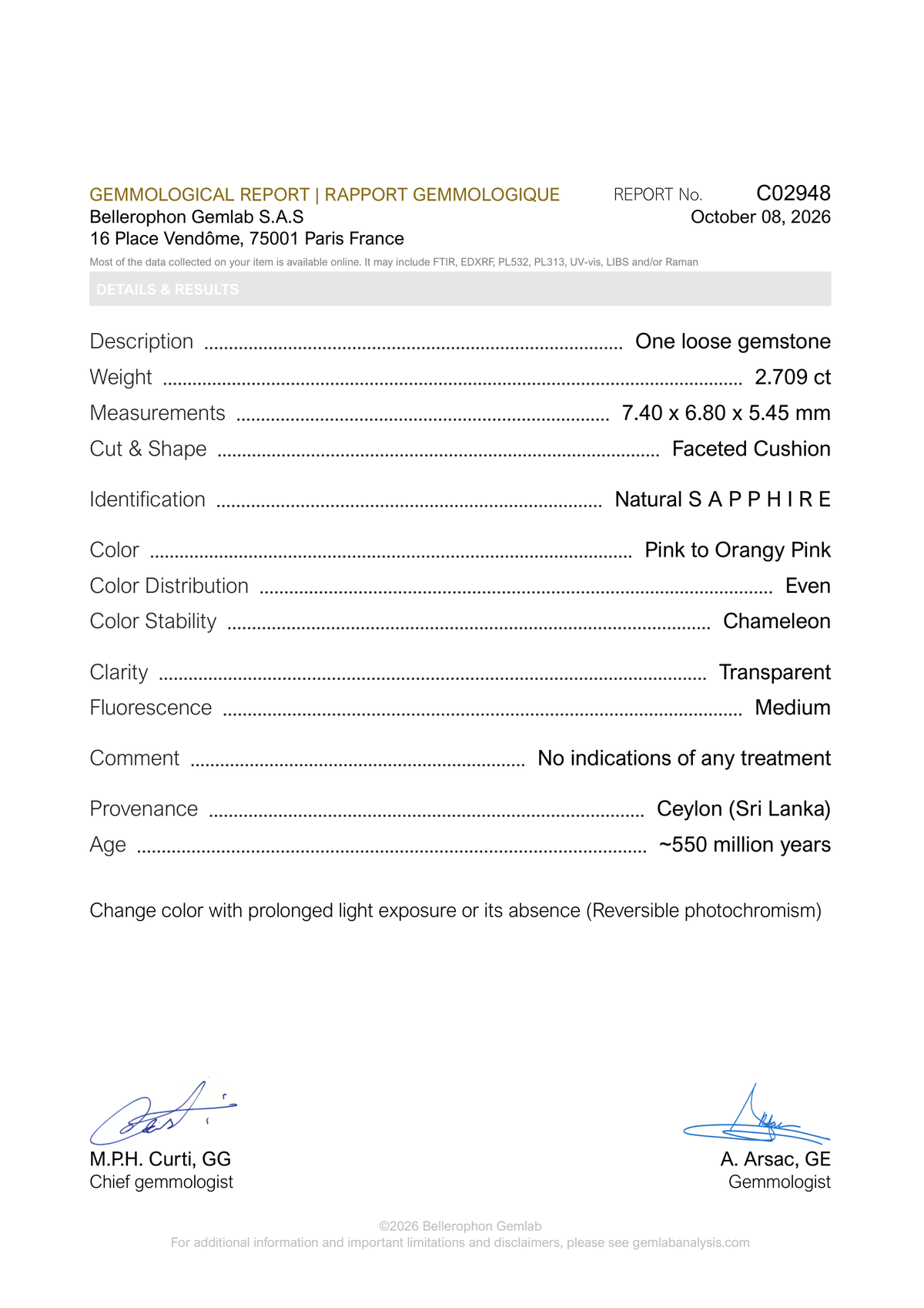 Bellerophon Gemlab report C02948, page 1: natural sapphire, pink to orangy pink, 2.709 ct, Ceylon (Sri Lanka), no indications of treatment