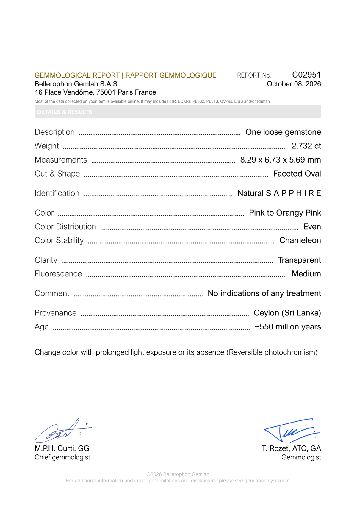 Bellerophon Gemlab report C02951, page 1: natural sapphire, pink to orangy pink, 2.732 ct, Ceylon (Sri Lanka), no indications of treatment