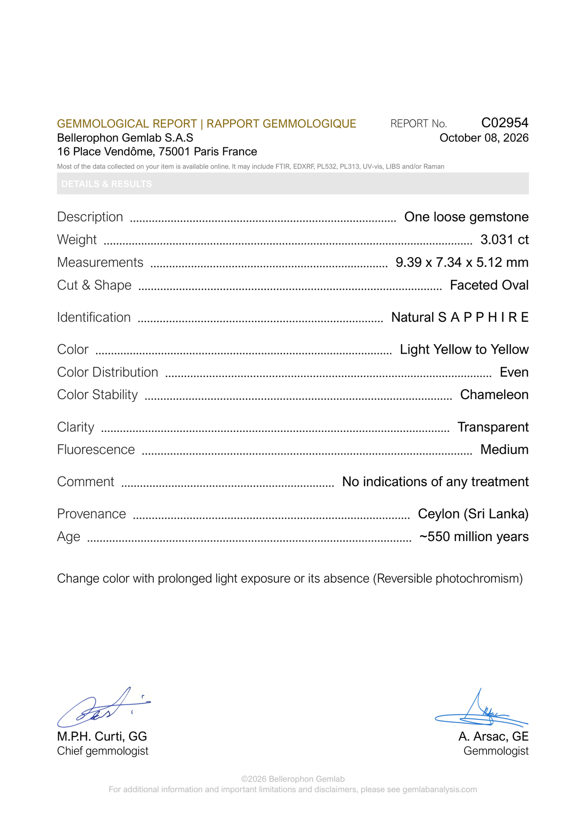 Bellerophon Gemlab report C02954, page 1: natural sapphire, light yellow to yellow, 3.031 ct, Ceylon (Sri Lanka), no indications of treatment
