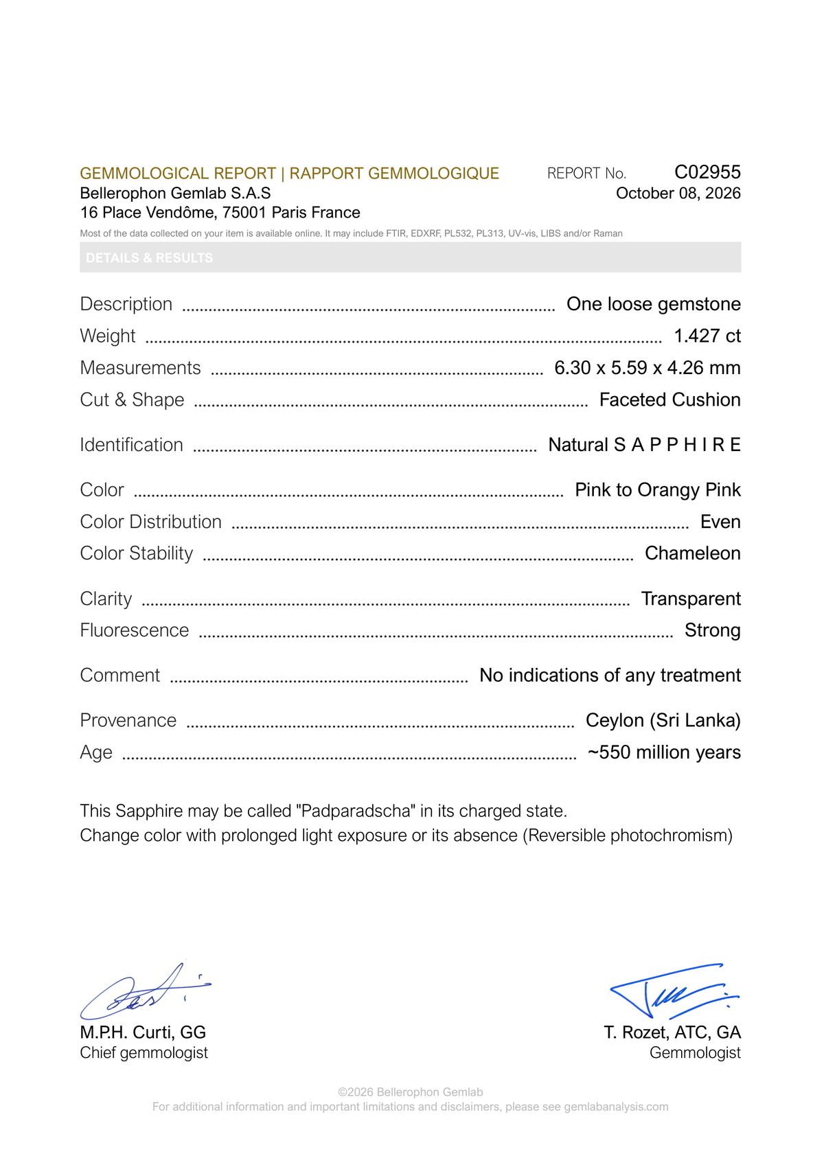 Bellerophon Gemlab report C02955, page 1: natural sapphire, pink to orangy pink, 1.427 ct, Ceylon (Sri Lanka), no indications of treatment
