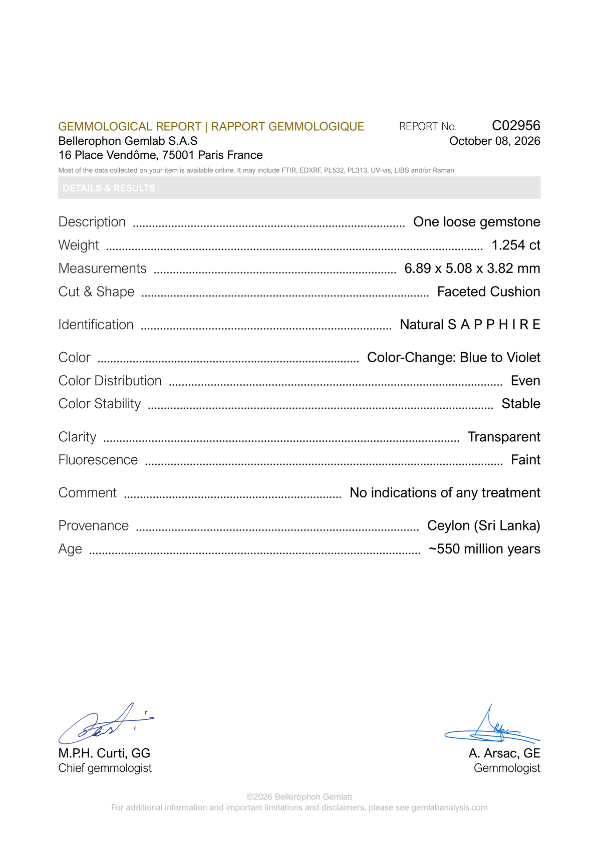 Bellerophon Gemlab report C02956, page 1: natural colour-change sapphire, 1.254 ct, Ceylon (Sri Lanka), no indications of treatment